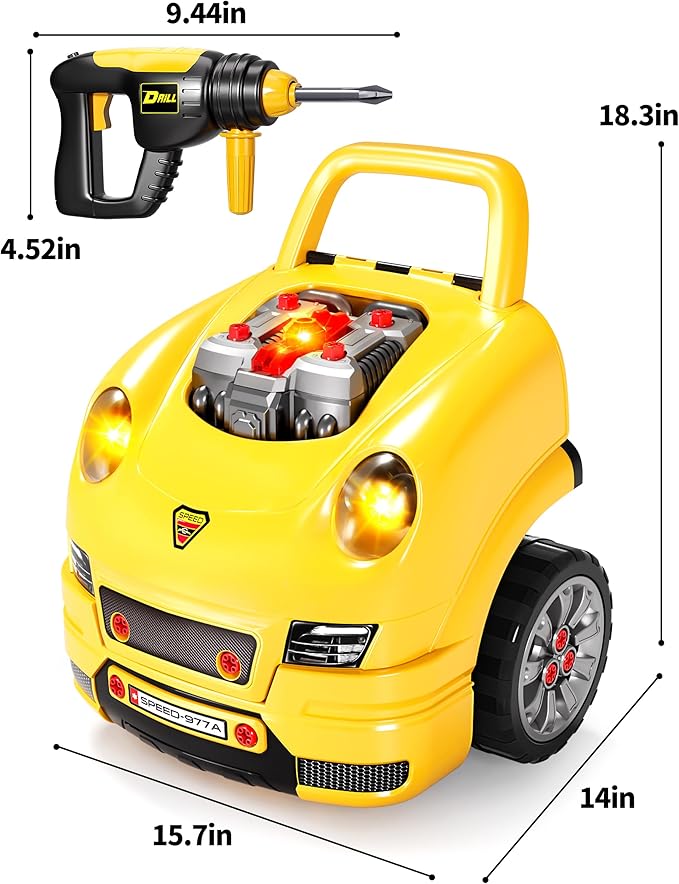 Deejoy Large Truck Builder Kit for Toddlers 3-5, Kids Mechanic Workshop Set with Light and Sound, Removable Engine, Yellow, 15.3x18.7inch