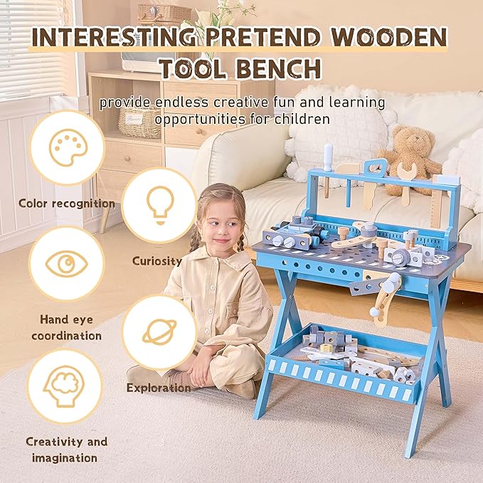 Kids Tool Bench with Sturdy Wood, Toddler Workbench with Realistic Toy Construction Set, Toy Tools Set and Multiple Ceative Pieces for 3-6 Year Old Boys and Girls, Dark Blue
