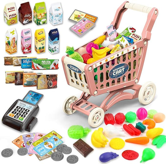 deAO Kids Shopping Cart Trolley for Groceries Toddlers 65 Food Fruit Vegetables Pretend Play Food Role Play Educational Toy Play Kitchen Toys Store Playset (Red)