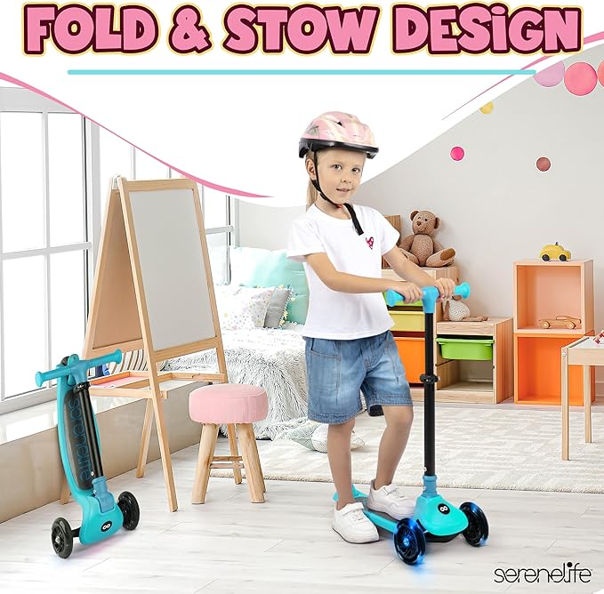 SereneLife 3 Wheel Foldable Kids Scooter - Foldable Seat, LED Wheel Lights, Adjustable Handlebar, Rear Foot Brake, Lean-to-Steer, Anti-Slip Deck, Ideal for Toddlers Kids 3+, up to 110Lbs