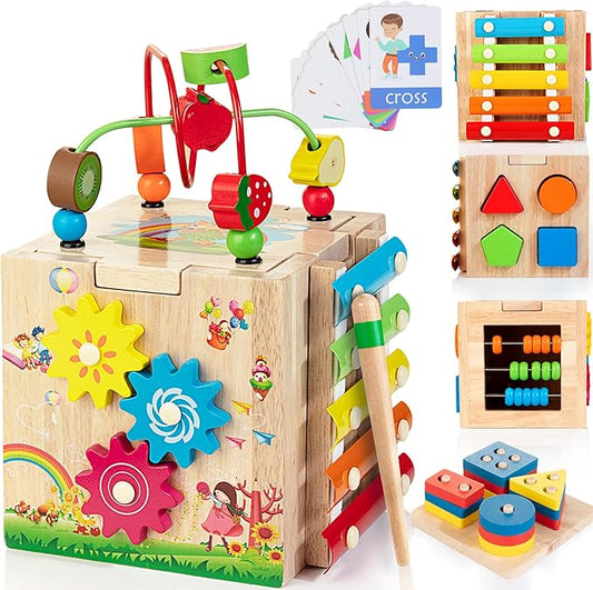 Bravmate Wooden Activity Cube, 8-in-1 Wooden Montessori Learning Toys for 18 M+ Toddlers, One Year Old First Birthday Gift, Baby Toy Set with Bonus Sorting & Stacking Board