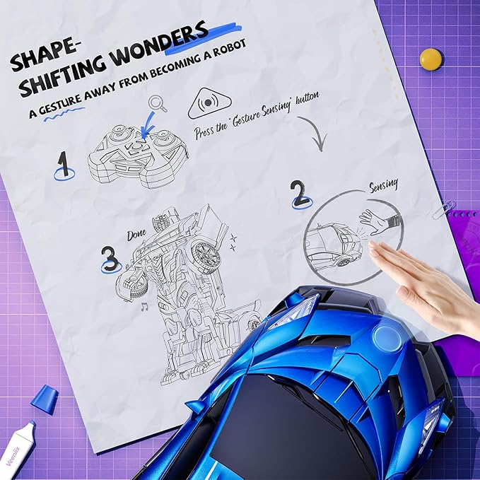 V991 Transform Remote Control Car, 1:10 Big Size, 2 Rechargeable Batteries for 70Min, 2.4GHz Gesture Sensing, One-Key Deformation, Robot Toys Gifts for Boys and Girls (Blue)