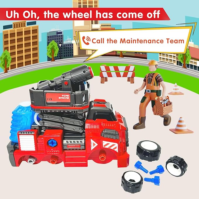 11inches Large Take Apart Toys Fire Truck for Boys Girls Kids 3-5 6-8 Year Old Fire Rescue Vehicles with Electric Drill Set Assembly Toy Learning Educational Toys