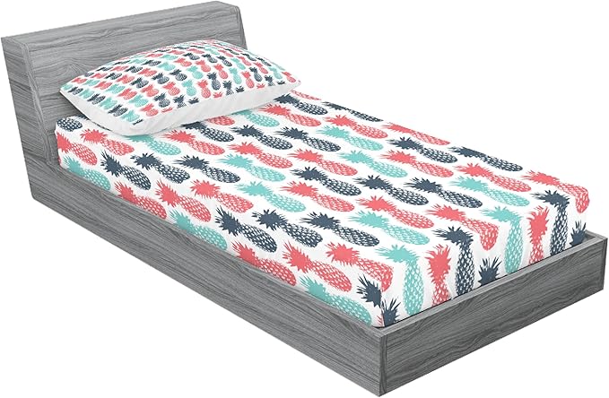 Ambesonne Pineapple Fitted Sheet & Pillow Sham Set, Island Pineapple Tropic Fruit Pattern Stamped Minimal Backdrop Pop Art, Decorative Printed 2 Piece Bedding Decor Set, Twinxl, Turquoise White Coral