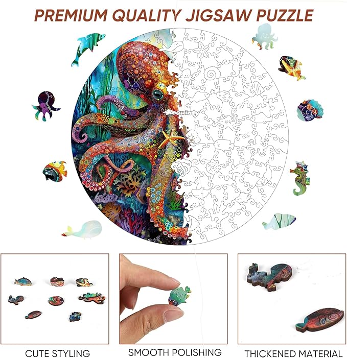 Wooden Puzzle for Adults 500pcs, Octopus Wooden Jigsaw Puzzles, Unique Shape Animal Adult Puzzles, Irregular Wood Puzzles Best Gift for Adults and Kids Family Game(15.6 * 15.6 in)
