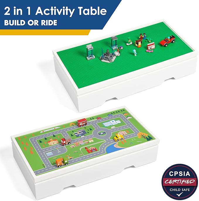 UTEX 3 in 1 Construction Play Table Compatible with Lego, Rolling Kids Activity Train Table with Storage and Wheels, Reversible Top Store Under Beds or Sofas
