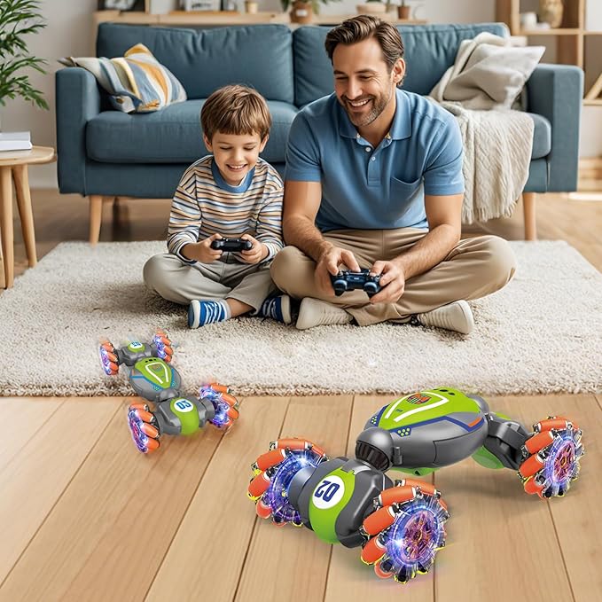 Rc Car Boys Toys 6-8 Years Old,Cool Birthday Gifts for Boys Ages 8-13 4WD Gesture Sensing Rc Stunt Car for Ages 5 7 9 10 Years Old Kids with Light and Music-Large Green