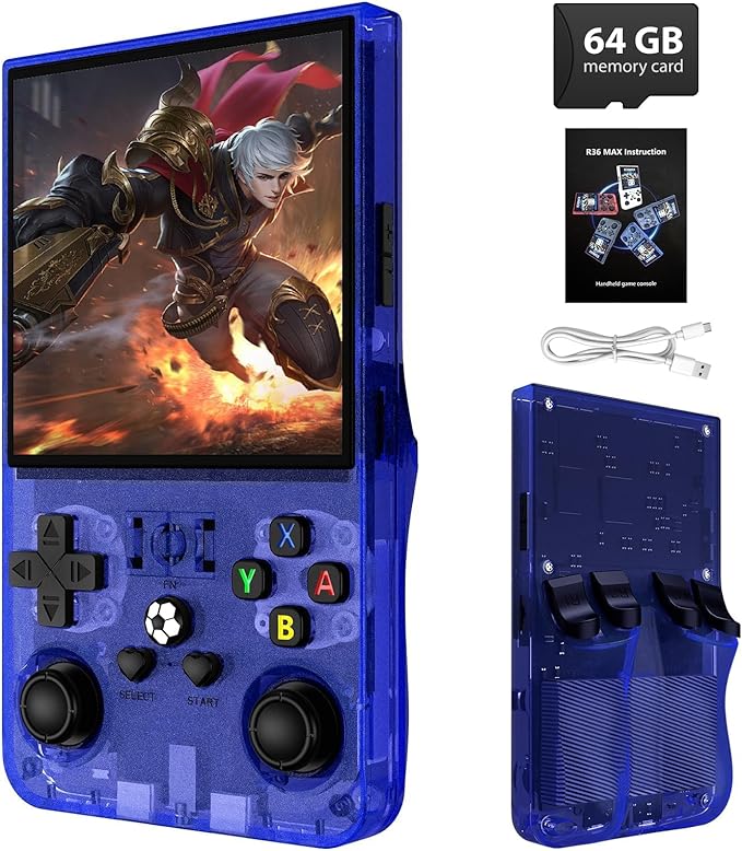 R36MAX Retro Handheld Game Console, 18000+ HD Games Mini Retro Video Console, 4.0 Inch IPS Screen, 64GB Memory, Portable Arcade Video Gaming Console Gift for Adults, Blue