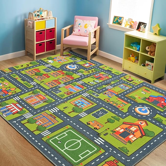Merelax 5x8 Kids Car Rug Grey Green Area Rugs for Living Room Playroom Classroom Bedroom, Large Non Slip Kids Play mat Washable Rug, Educational City Traffic Road Map Fun Car Carpet for Ages 3-12