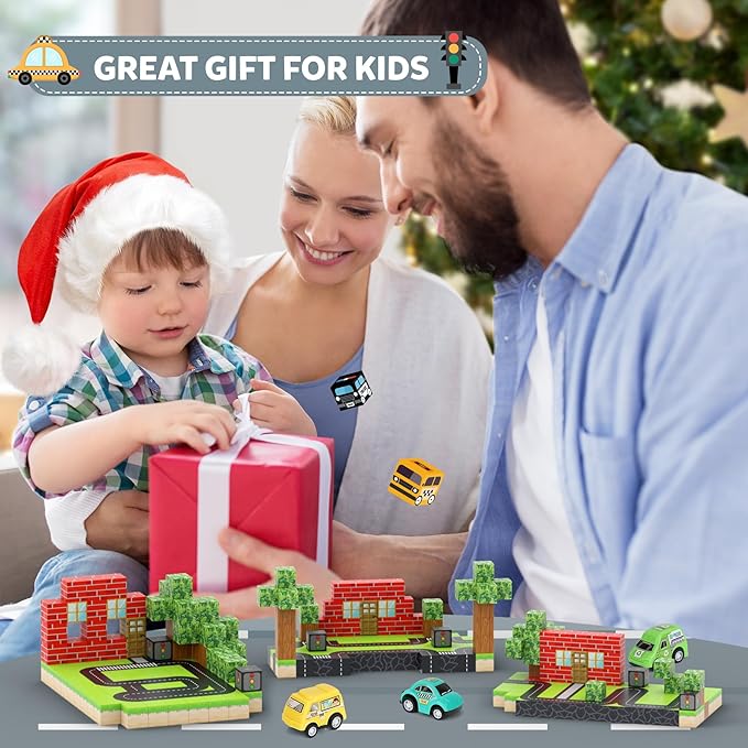 Magnetic Blocks 110PCS with 5 Car Toys, City Building Blocks Set, Toys for Boys & Girls Age 4-6, 6-8, Stacking Building for Toddlers Sensory for Kids 3+