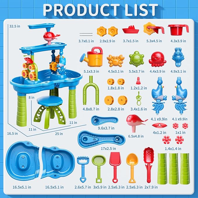 3-Tier Water Table for Kids Ages 3-5 4-8, Toddlers Outdoor Summer Water Table Beach Toys, Kids Activity Sensory Table Toddler Sand Box Play Table with Rain Showers Splash Pond for Boys Girls