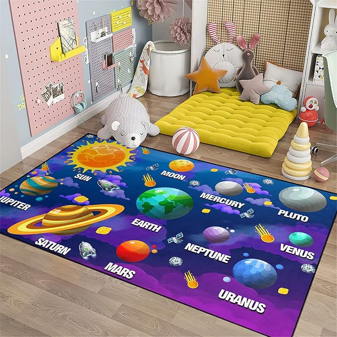 Universe Planet Area Rugs Outer Space Rugs for Boys Bedroom Educational Sofa Floor Mat Galaxy Solar System Theme Throw Rugs for Indoor Outdoor Carpets Crystal Polyester Mats Oversized, 5'×7'