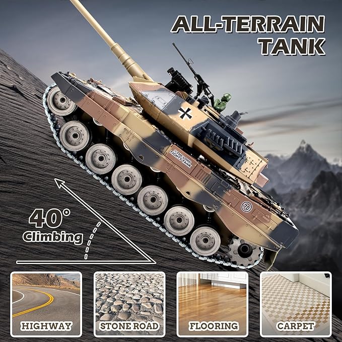 1:18 RC Tank, 2.4Ghz Metal German Leopard II Remote Control Model Toy That Shoots BBS and Water Bombs, RC Military Vehicle for Adults and Kids, Army Toy Tank with Smoke, Sound, Recoil, Lights