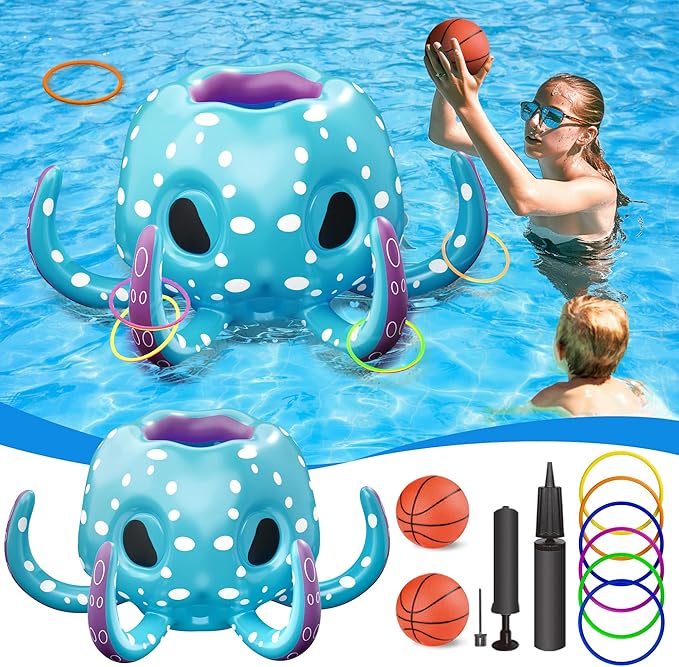 iPlay, iLearn Pool Wave Kids Octopus Pool Toys, 2-in-1 Inflatable Float Water Game, Basketball Hoop Ring Toss Outdoor Swim Play, Cool Summer Family Party Gift 3 4 5 6 7 8 Year Old Boy Girl Child-Blue