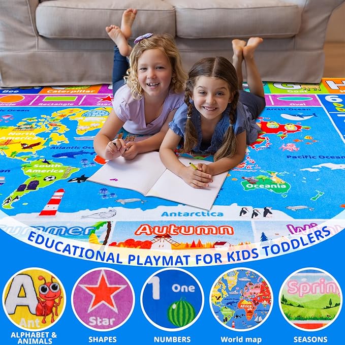 World Map ABC Kid Rug for Playroom Geography 59"×39.4" Classroom Play Rug Educational Baby Playmat Alphabet Rug Primary School Fluffy Ployester Non-Slip Preschool Rug Nursery Room Elementary Learning