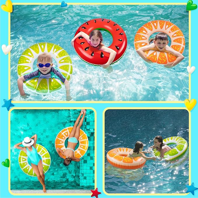 90shine 2PCS Fruit Pool Floats: Watermelon Lime Swimming Rings - Inflatable Tubes Floaties Toys for Kids Adults