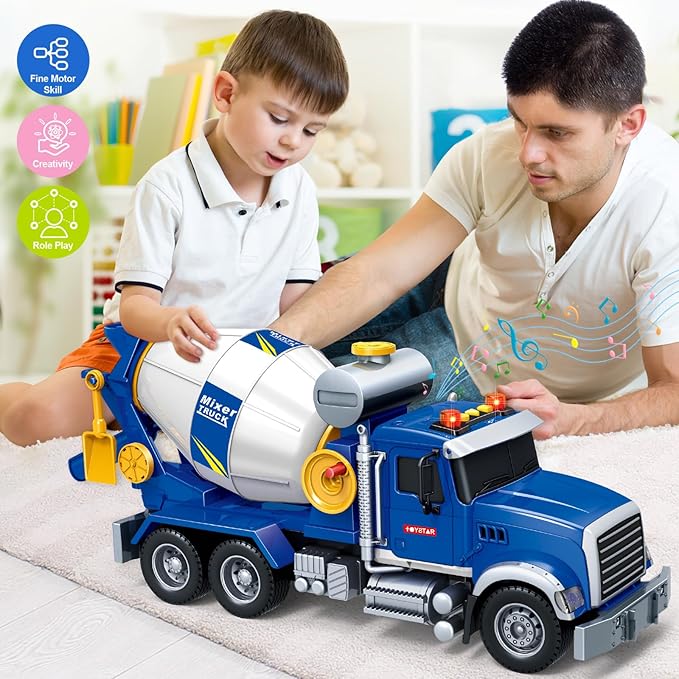 Kids Toys for 3 4 5 6 7 8 Years Old Boys, 15" Large Cement Mixer Truck Toy with Lights, Sounds, Blue Toddler Friction Powered Truck Vehicle Toy for Boys Girls Christmas Birthday Gifts