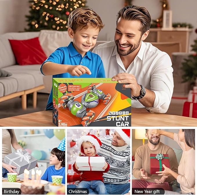 Rc Car Boys Toys 6-8 Years Old,Cool Birthday Gifts for Boys Ages 8-13 4WD Gesture Sensing Rc Stunt Car for Ages 5 7 9 10 Years Old Kids with Light and Music-Large Green