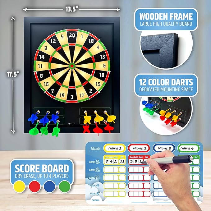 HMmagnets Large & Safe Magnetic Dart Board (Wooden Frame) for Kids & Adults - Fun Game for Up to 4 Players - Including 12 Colorful Darts + Dry Erase Score Board (2 Markers+Eraser) | Sturdy & Durable