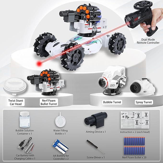 4 Head RC Tank Cars That Shoots Nerf Bullets, Bubble, Spray, Nerf Tank Remote Control Car for Boys 6 7 8 9 10 11 12 Year Old, RC Stunt Car Chase Light Control, LED Light, Music, Kids Toy Gift