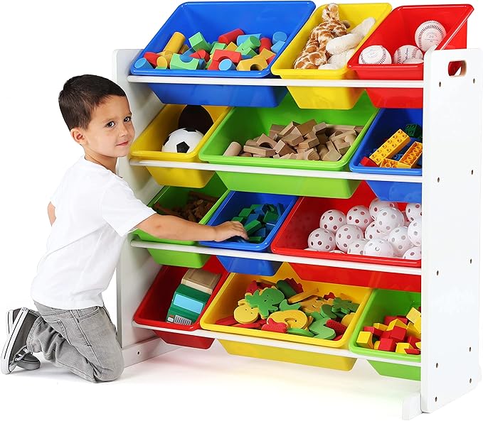 Humble Crew, White/Primary Kids' Toy Storage Organizer with 12 Plastic Bins