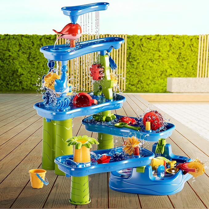 5-Tier Water Table for Toddlers Kids 3-5 4-8, Sand and Water Play Set with Rain Showers Pond, Summer Outdoor Toys Beach Toys Water Sensory Table, Birthday Party Gifts for Kids Boys Girls
