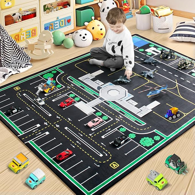 Kids Rug, Road Rug for Kids with Combined City Road Traffic System, Car & Airport Rugs, 3x5 Ft Children’s Play Rugs for Playroom, Children’s City Traffic Map Fun Car Carpet, Non-Slip