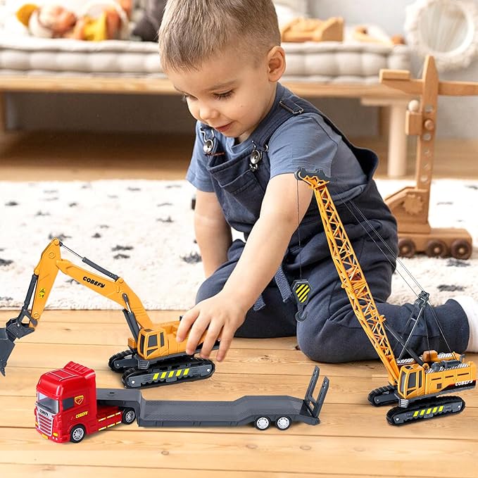 Kids Construction Toys for Boys, Excavator and Crane Trucks, Semi Truck Trailer Lowboy Tractor, Construction Playset for Toddlers, Gift for 3 Years Old and Up, Ideal Birthday Party Favor