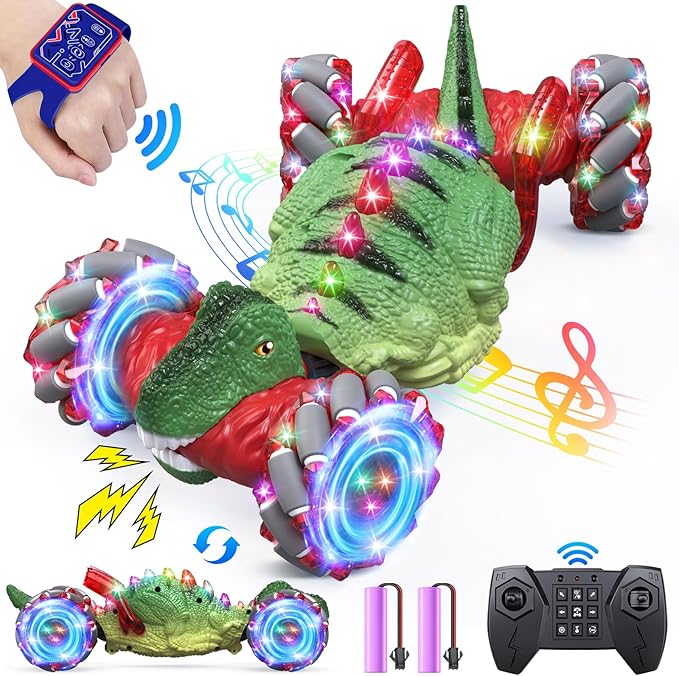Remote Control Car,Dinosaur Toys car for Kids,2.4GHz LED Gesture Sensing RC Car,4WD Rotation RC Stunt Car with Lights and Music,Dino Toys for Kids Ages 3 4 5 6 7 Gifts for Boys Girls(Red)