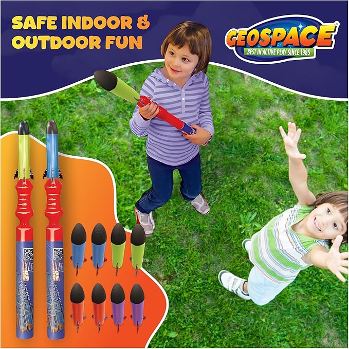 Geospace Hand Held Pump Rocket Combo Battle Pack – Flying Foam Rockets Outdoor Toys for Kids, Boys & Girls – 19" Set with 2 Launchers & 10 Rockets Set – Hand Stomper Rocket Toy - Cool Toys for Fun