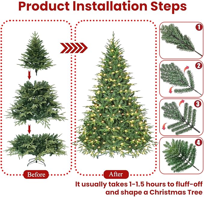 Prelit Artificial Full Christmas Tree 6FT with 2056 PE PVC Tips, Premium Pre-Lit Holiday Xmas Tree with 400 UL Incandescent Lights, Metal Hinges & Foldable Base for Home Office Party, Green