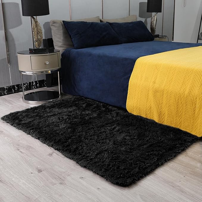 Ophanie 3x5 Black Rugs for College Dorm, Bedroom Small Area Rug, Non-Slip Fluffy Shaggy Bedside Soft Shag Fuzzy Plush Carpet for Kids Boys Teen Home Decor Aesthetic, Nursery