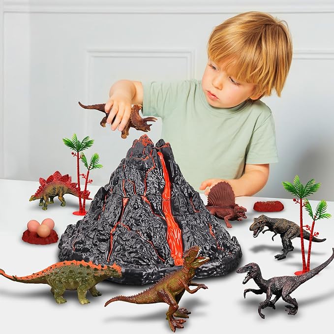 Large Volcano Set with 9 Realistic Dinosaur Action Figures for Kids 2 3 4 5 6 8 10 Years, Simulated Volcanic Eruptions w/Sounds, Volcano Can Store Dinos, Gift for Toddlers Boys & Girls