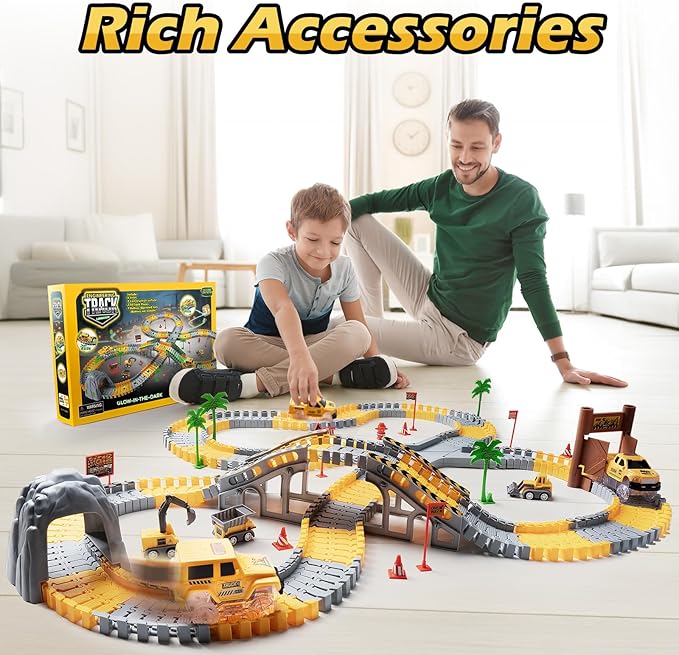 264 PCS Construction Race Tracks for Kids Toys, Glow in The Dark Magic Toy Set, 2 Light Up Cars Track, 3 Construction Cars, Flexible DIY Track Set, Birthday Gift for Age 3-9 Boys Toddler Girls
