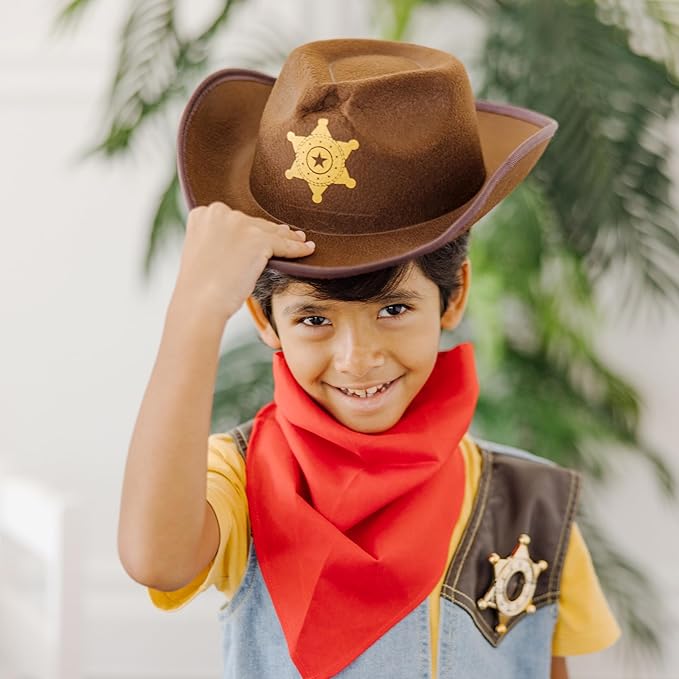 Melissa & Doug Cowboy Role Play Costume Set (5 pcs) - Includes Faux Leather Chaps - Cowboy Dress-Up Role Play Costume With Vest For Boys And Girls