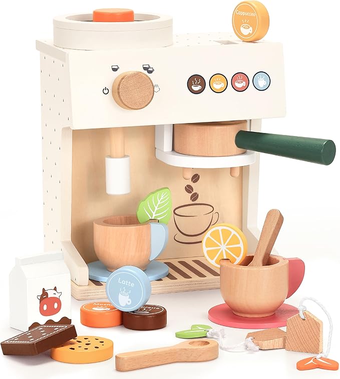 PairPear Wooden Toy Coffee Maker Set for Kids Kitchen, 18 Piece Play Food Coffee Machine Playset, Pretend Play Kitchen Accessories Set for Girls and Boys Ages 3+
