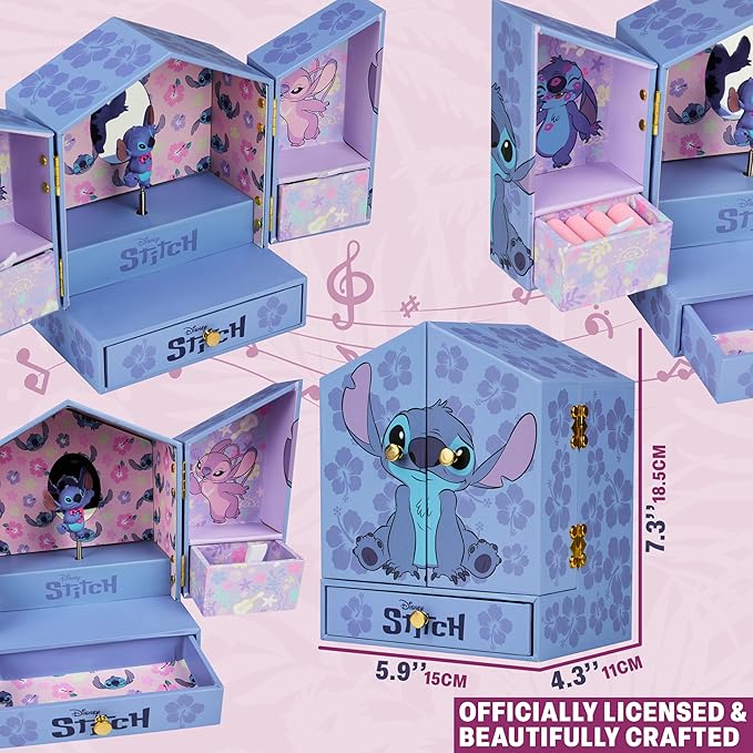 Get Trend Disney Stitch Musical Jewelry Box for Girls with Mirror, Drawers, and Wind Up Music, Jewelry Organizer for Rings, Charms, Gifts for Girls (Blue Stitch)