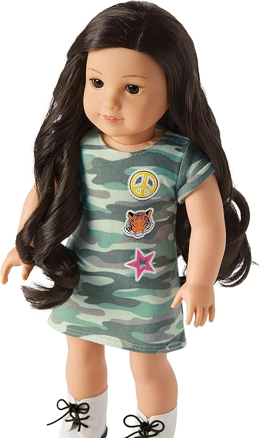 American Girl Truly Me 18-inch Doll #111 with Brown Eyes, Black-Brown Hair, Light Skin, Camo T-shirt Dress, For Ages 6+