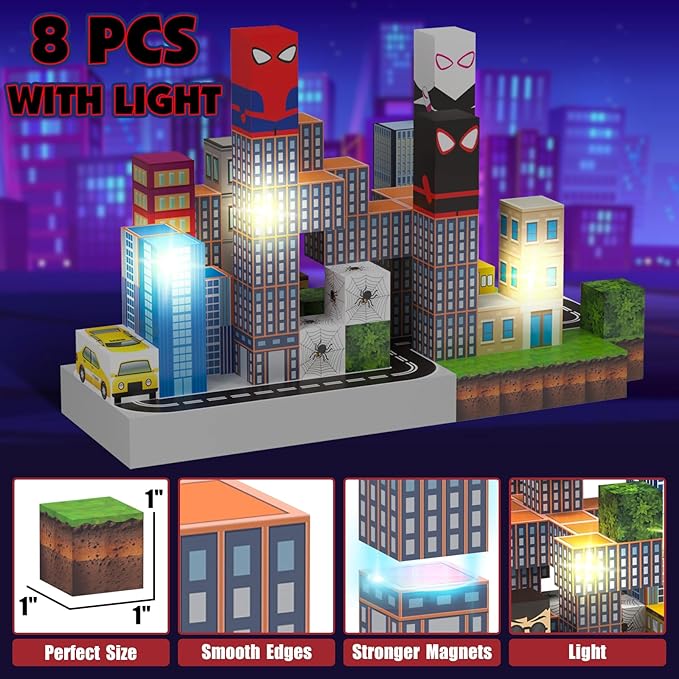 Magnetic Blocks Building Toys Set, Spider Toys Light Up Magnetic Building Blocks for Boys Girls Ages 3+, Magnet Cubes STEM Sensory Construction Toy City Themes