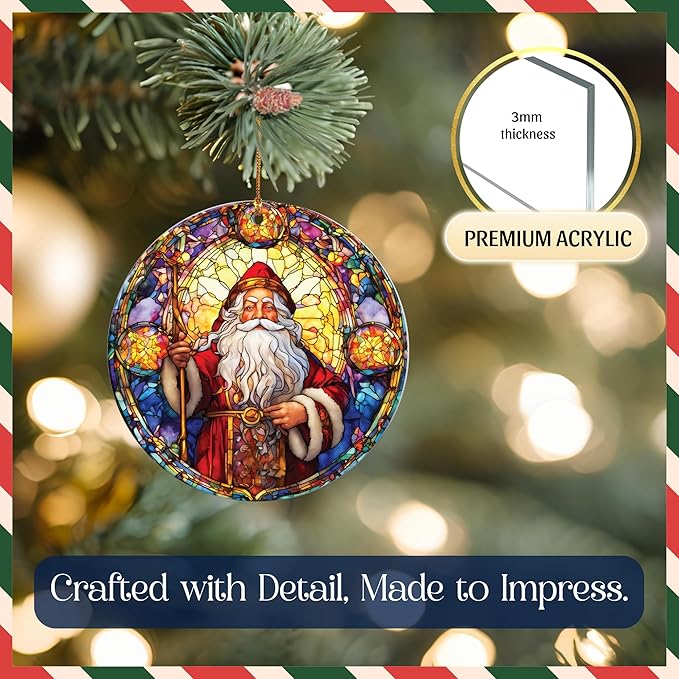 2025 Christmas Ornament – Vintage Cathedral Santa Stained Glass Acrylic Ornament, Navidad 2025 Tree Decoration, Religious Christmas Ornament for Classic Holiday Home Décor