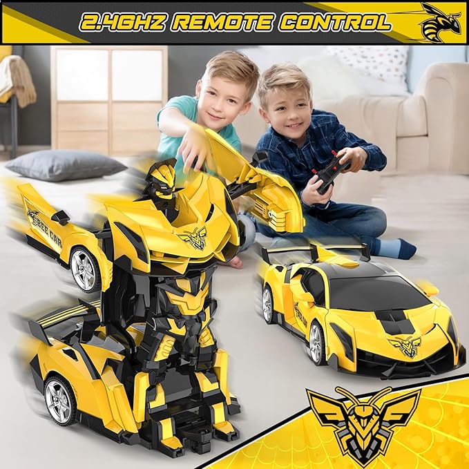 BLUEJAY Transform Rc Cars for Boys 4-7 8-12, 2.4Ghz Remote Control Car 1:18 Scale Transforming Robot, One-Button Deformation 360° Rotation Car Toy Gifts for Boys 3-5 (Bee)