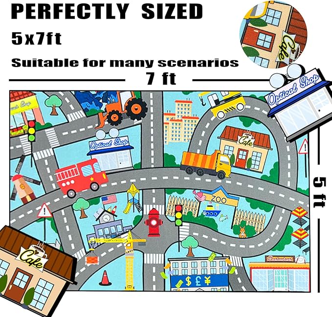 Car Track Rug - Car Rugs for Kids Toy Cars City Life Car Road Rug Large Kids Play Mat Car Carpet for Boys Girls Playroom Living Room Bedroom Classroom, 5'×7'