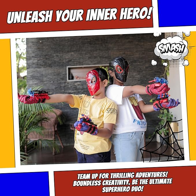 Superhero Web-Slinging Toy Set – 7-in-1 Superhero Set Includes 2 Web Shooters, 2 Hero Masks, 2 Gloves, and 1 Cape – Ideal for Indoor and Outdoor Costume Role-Playing, Imaginative Play for Kids Ages 3+
