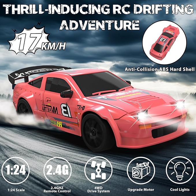 RC Drift Car, 1/24 Remote Control Car, 2.4Ghz 17KM/H High Speed RC Cars with LED Lights, Extra Tires, 2 Rechargeable Batteries, 4WD Racing Car Toys Christmas Birthday Gift for Kids Boys Girls Adults