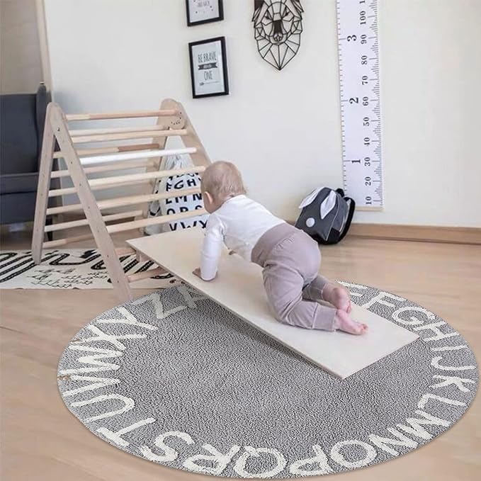 ABC Kids Rug Alphabet Educational Area Rugs for Infant Toddlers - Soft Playtime Collection, Learning & Game Round Carpet for Bedroom Playroom Nursery, Best Shower Gift (59", Grey White)