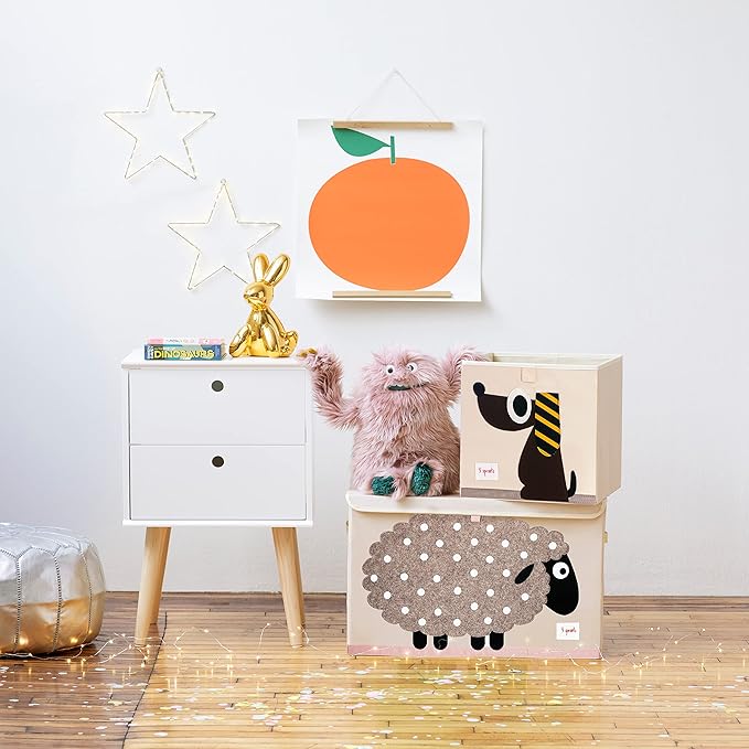 3 Sprouts Large Toy Chest for Kids with Lid and Handles - Collapsible Toy Storage Bin/Trunk/Box/Basket Organizer for Boys & Girls Playroom, Nursery, Sheep