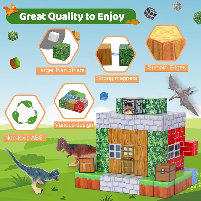 Magnetic Blocks 110PCS with 6 Dinosaur Toys, Building Blocks Set, Toys for Boys & Girls Age 4-6,6-8, Stacking Building for Toddlers Kids 3+(Jungle & Dinosaur)