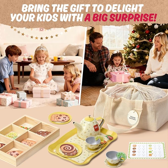 Kids Tea Party Set for Little Girl, Tea Sets for Toddler Pretend Play Food Kitchen Toy Accessories Gift for 3 4 5 6 Years Old Girls Boys (Yellow)