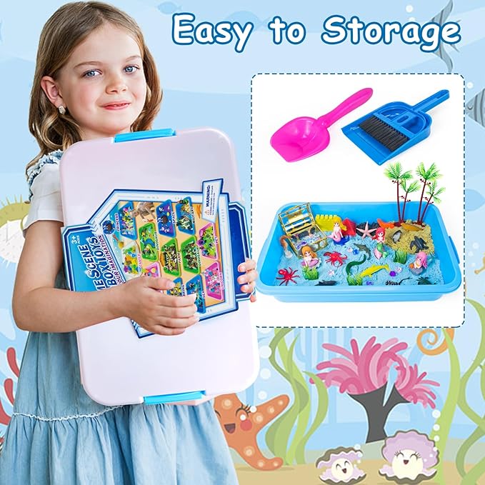 57Pcs Mermaid Sensory Bin Toys, Ocean Sensory Sandbox for Kids Ages 3 4 5 6 7 8 with 2.64lbs Magic Sand, Castle Moulds, 4 Mermaids, 30 Sea Animals- Toddlers Play Sand Art Kits Birthday Gift