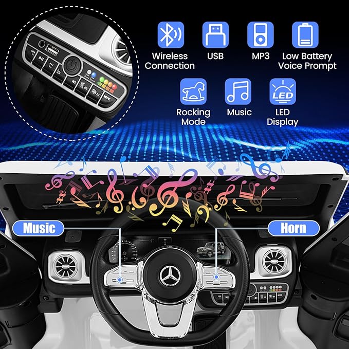 Costzon Ride on Car, Mercedes-Benz G500 Licensed Truck w/Rocking Mode, 3 Speeds, Remote, Horn, Music & LED Lights, Spring Suspension, 12V Battery Powered 4WD G Wagon Electric Vehicle for Kids (White)